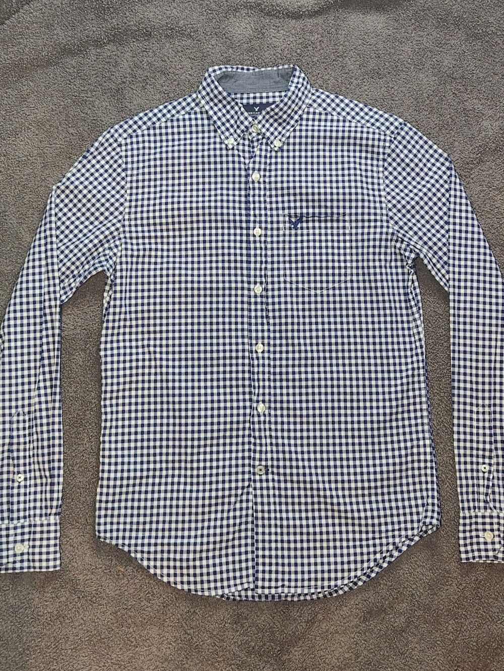 Navy Blue and White Check Plaid American Eagle Outfitters Button-Down Shirt